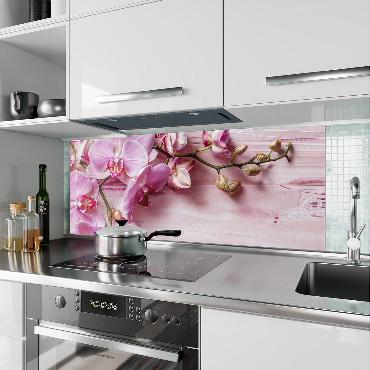 Küchenrückwand aus Glas Rosa Orchideenzweig im Hochformat als Spritzschutz hinter dem Kochfeld, über dem Fliesenspiegel montiert