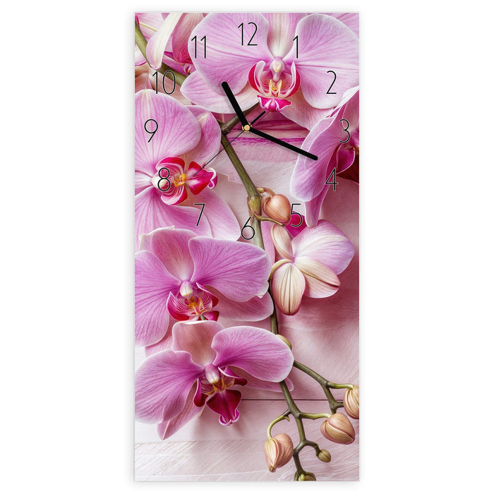 Wanduhr Orchideen Holz Hintergrund aus Glas – Hochformat 30 × 60 cm mit Ziffernblatt Elegant