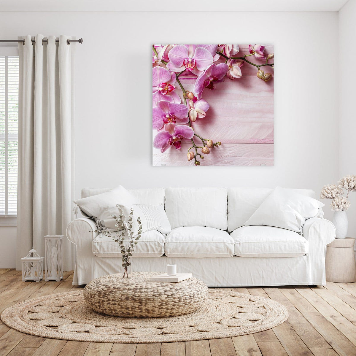 Glasbild Rosa Orchideenzweig an der Wand – rosa Orchideenzweig auf hell rosa gestrichenem Holz