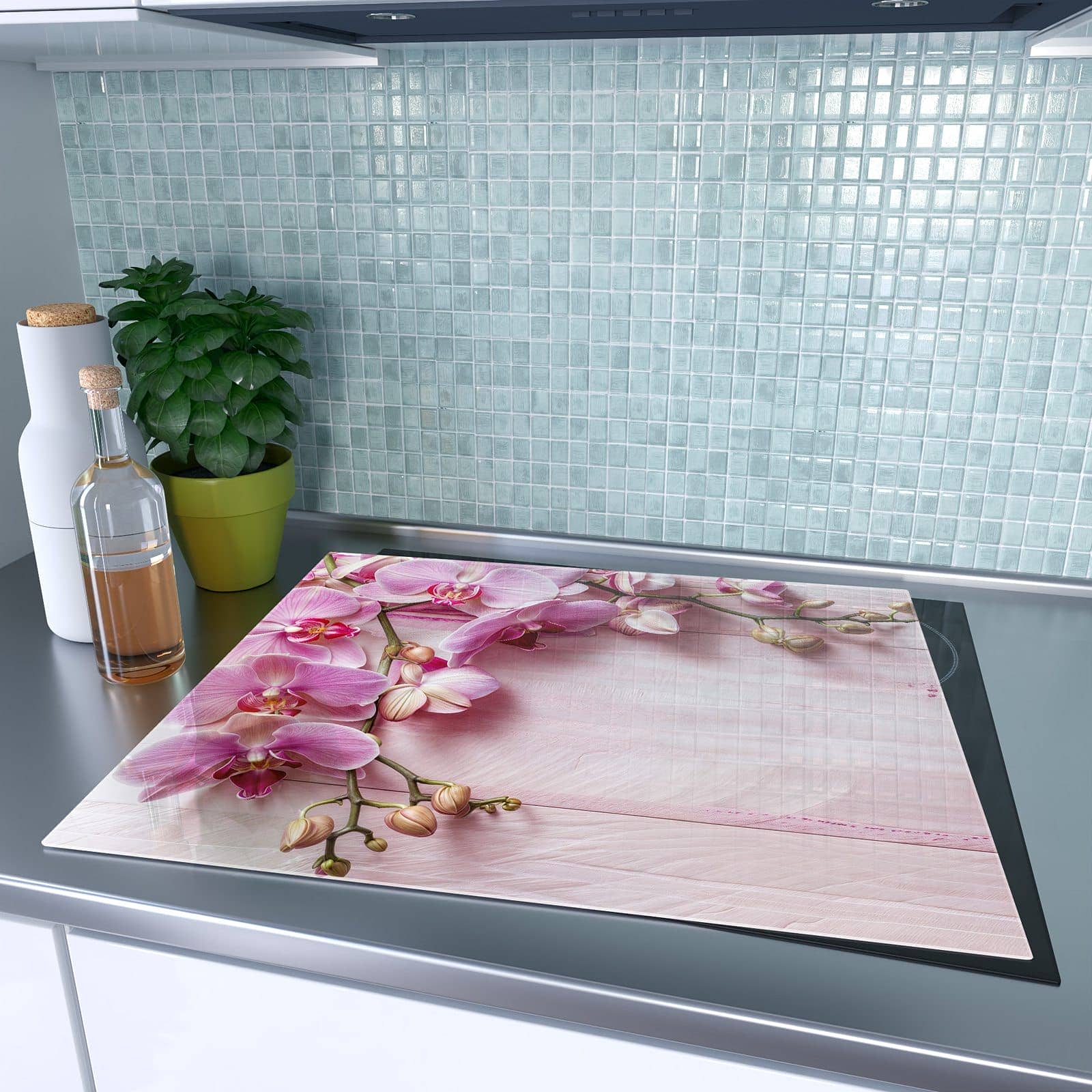 1-teilige Glasplatte für Herd mit Orchideen Holz Hintergrund-Motiv auf dem Ceranfeld