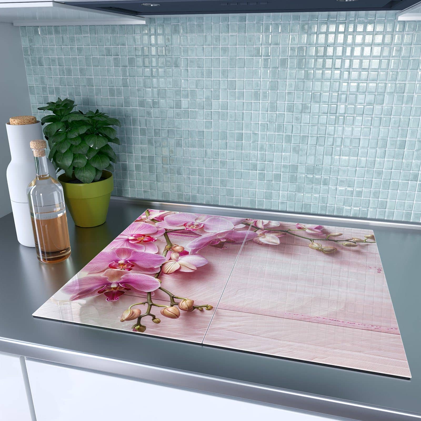 2-teilige Ceranfeldabdeckungen mit Orchideen Holz Hintergrund-Motiv auf dem Ceranfeld