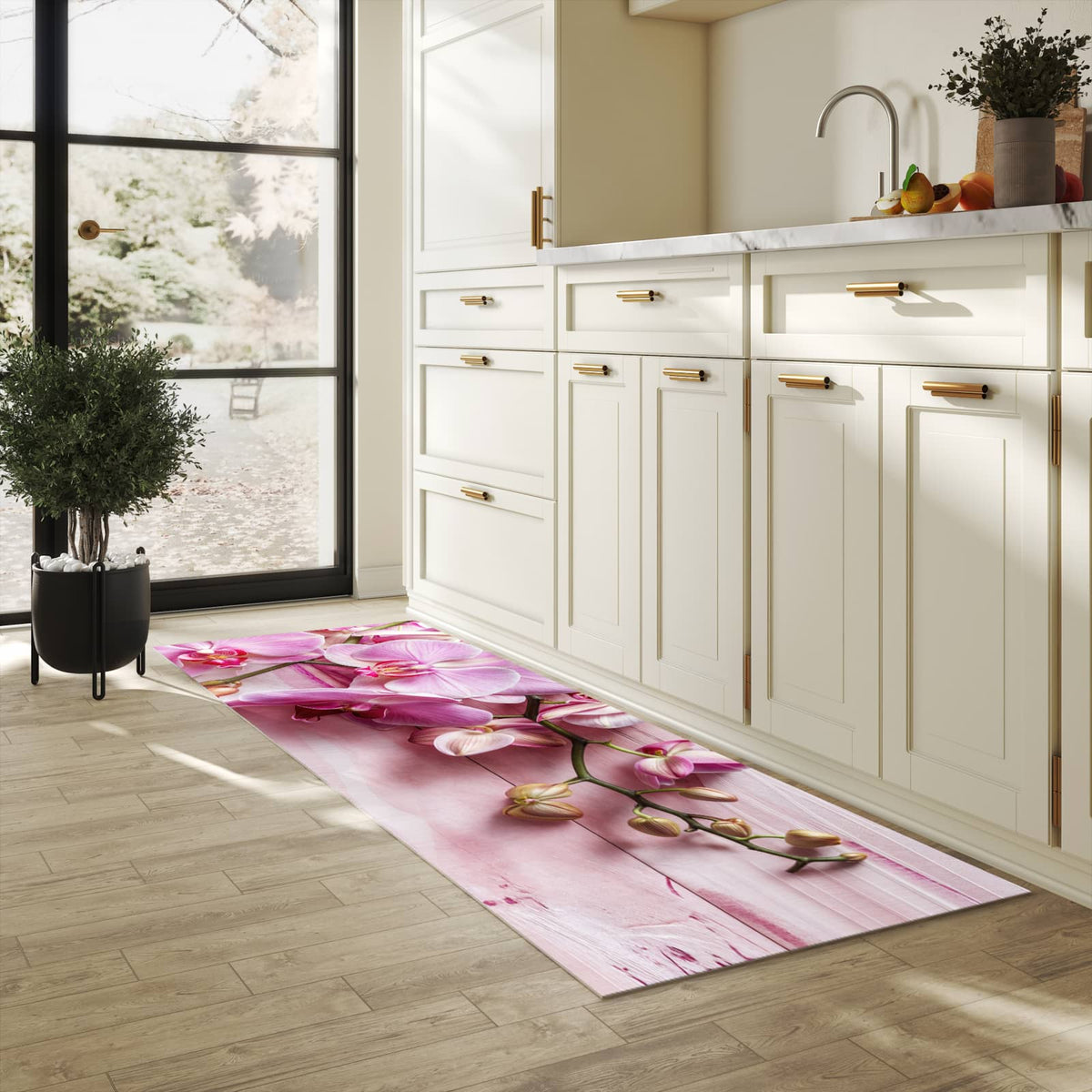 Bodenschonender Küchenteppich mit Motiv Orchideen Holz Hintergrund in heller Küche