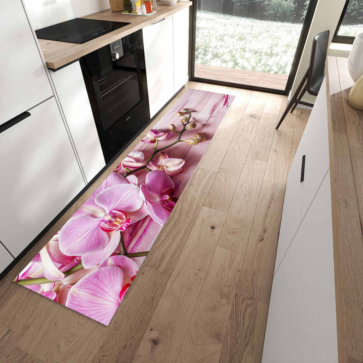 Formstabiler Küchenläufer nach Maß mit Motiv Orchideen Holz Hintergrund in moderner Küche