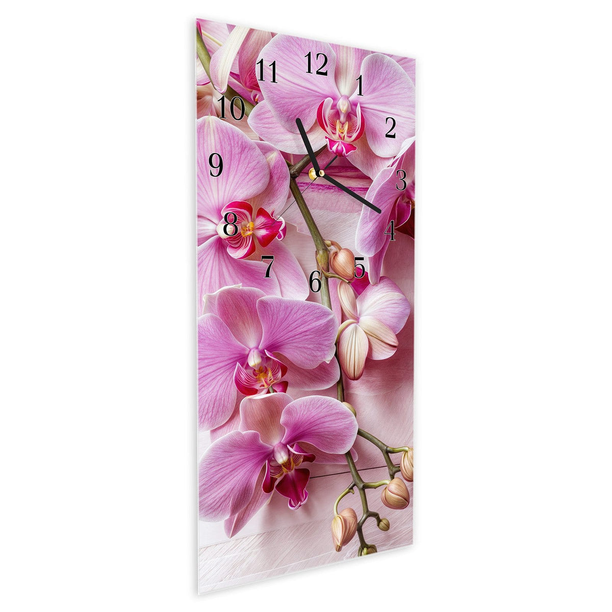Vormontiert – mit Schwebeeffekt – Wanduhr Orchideen Holz Hintergrund aus Glas – Hochformat 30 × 60 cm