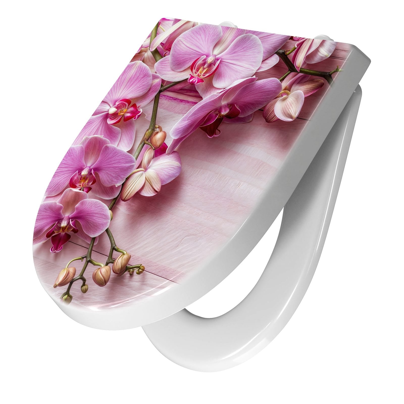 WC-Sitz mit Absenkautomatik Orchideen Holz Hintergrund