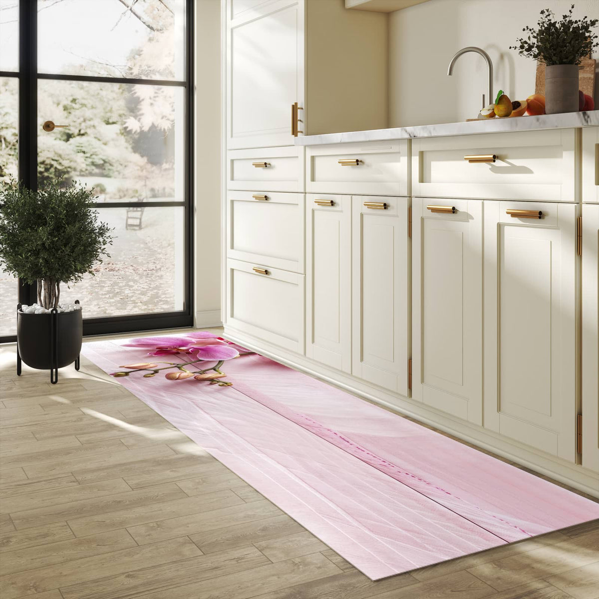 Formstabiler Küchenteppich mit Motiv Orchideen Holz Hintergrund in heller Küche