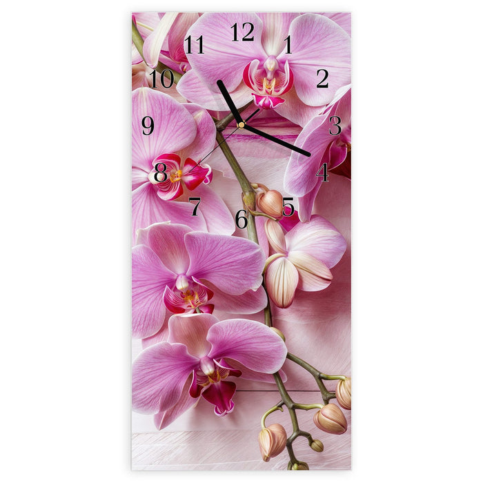 Wanduhr Orchideen Holz Hintergrund aus Glas – Hochformat 30 × 60 cm mit Ziffernblatt Klassisch