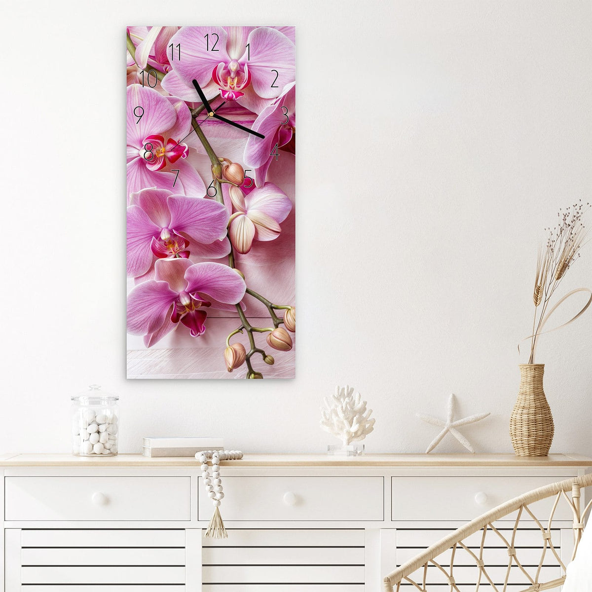 Wanduhr Orchideen Holz Hintergrund aus Glas – Rosa Orchideen auf Pastellholz