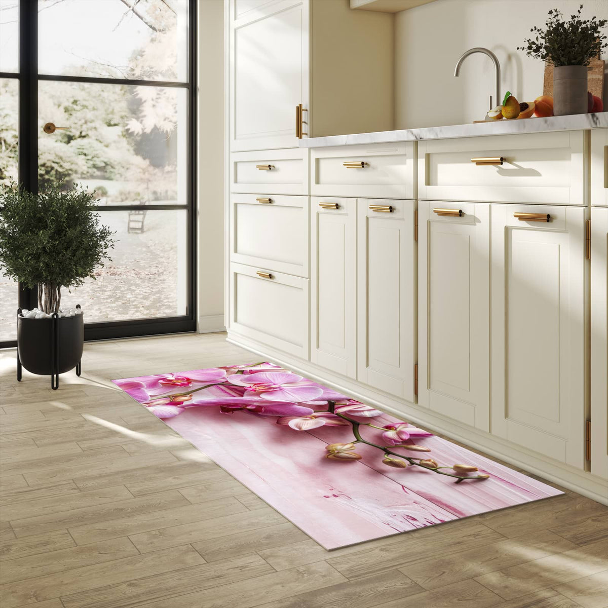 Küchenteppich mit Motiv Orchideen Holz Hintergrund für Ordnung in heller Küche