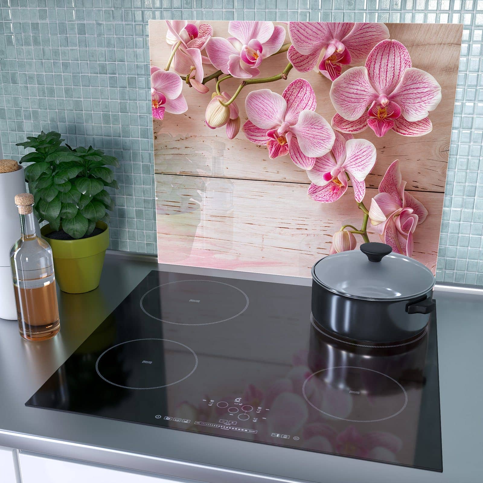 1-teilige Herdabdeckplatte mit Orchideen_tabletop-Motiv als Spritzschutz hinter dem Kochfeld