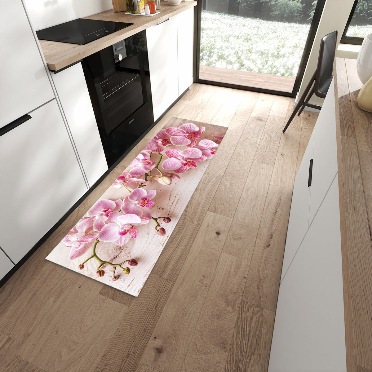 Pflegeleichter Küchenteppich mit Motiv Orchideen_tabletop in moderner Küche