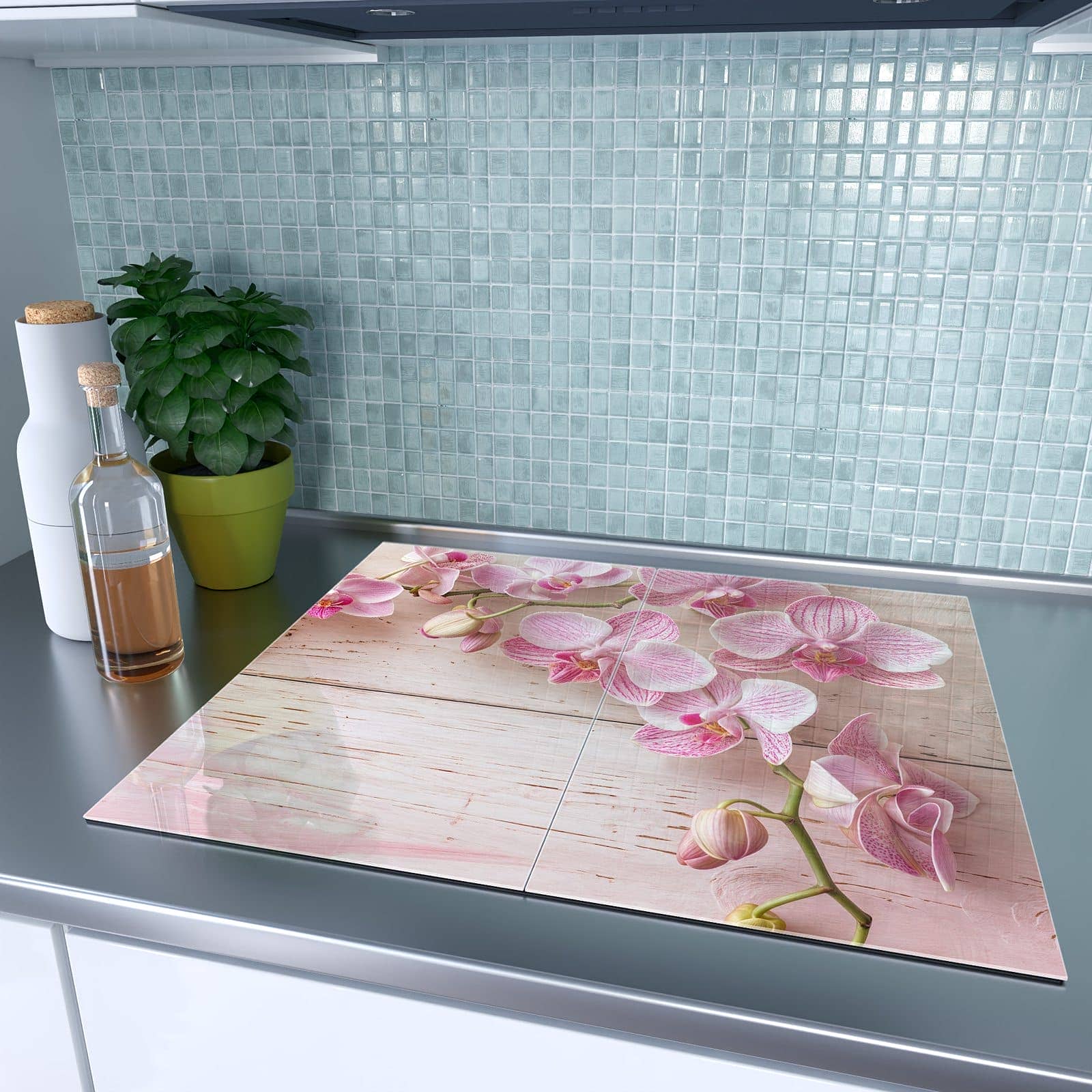 2-teilige Ceranfeld Abdeckplatten mit Orchideen_tabletop-Motiv auf dem Ceranfeld