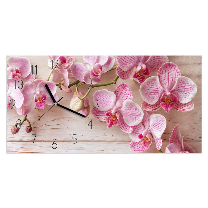 Wanduhr Orchideen_tabletop aus Glas – Querformat 60 × 30 cm mit Ziffernblatt Elegant