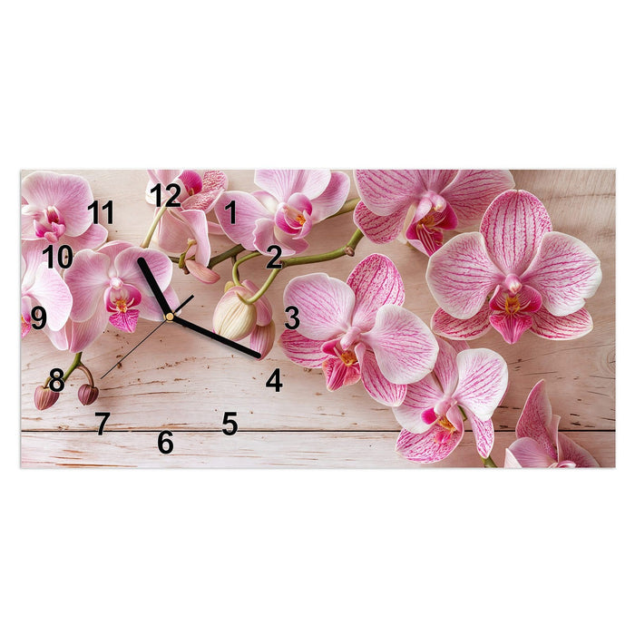 Wanduhr Orchideen_tabletop aus Glas – Querformat 60 × 30 cm mit Ziffernblatt Modern