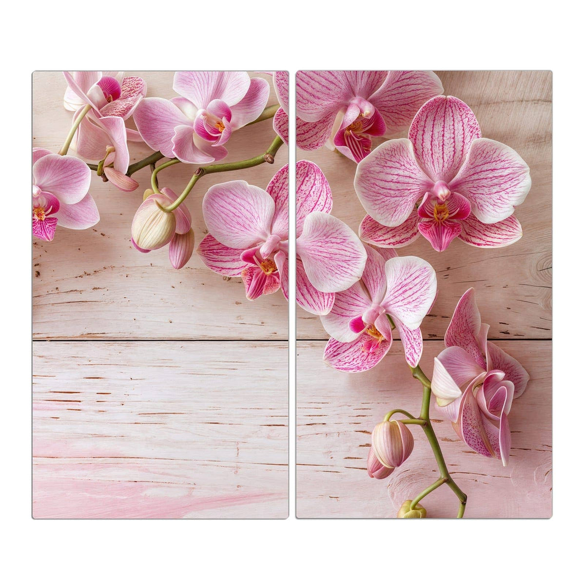Rosa gestreifte Phalaenopsis-Rispe auf weiß-rosa lasierten Holzbrettern