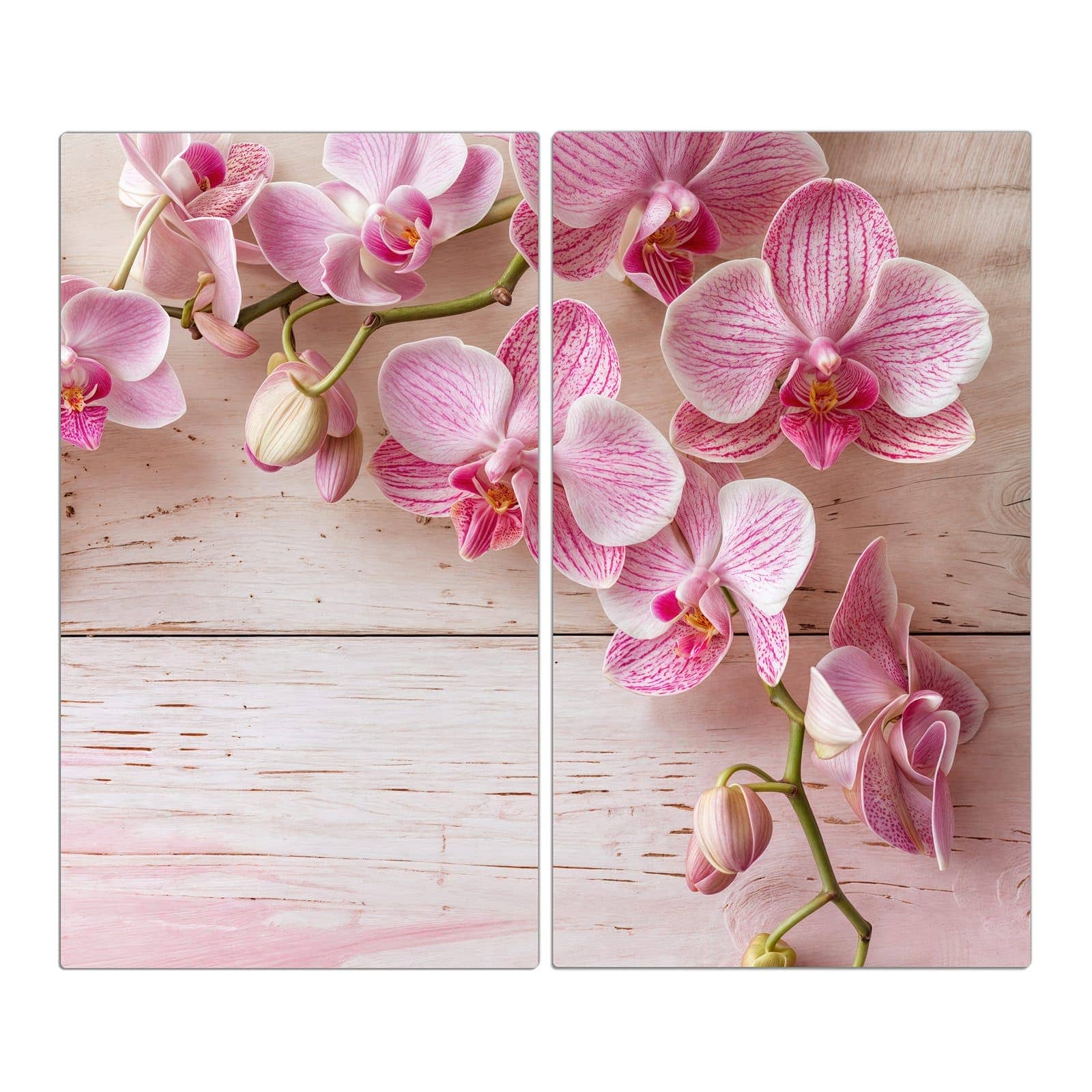 2-teilige Herdabdeckplatte aus Glas mit Orchideen_tabletop-Motiv in der Frontansicht