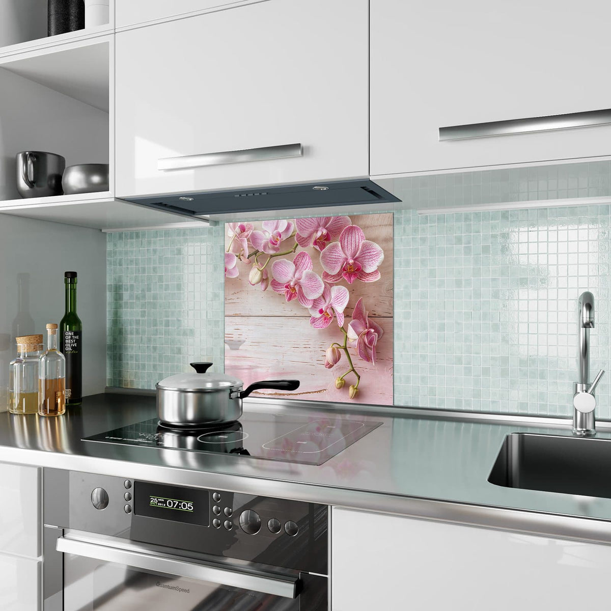 Küchenrückwand Orchideen auf Rosa aus Glas – Rosa Orchideen auf hellem Holz