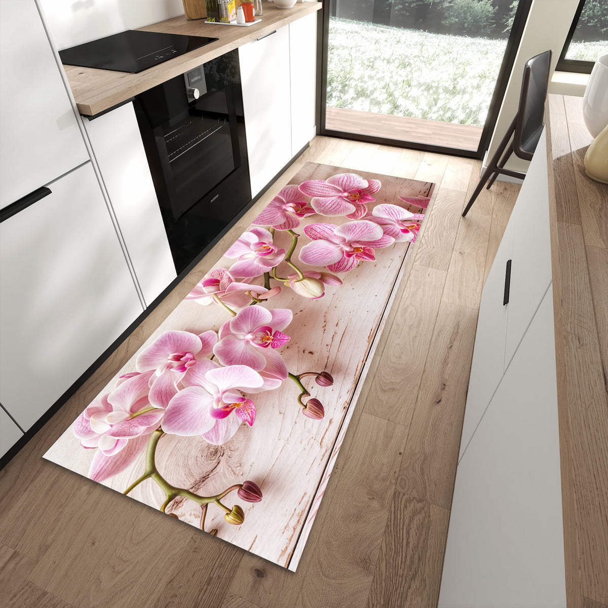Feuchtigkeitsresistenter rutschfester Küchenläufer mit Motiv Orchideen_tabletop in moderner Küche