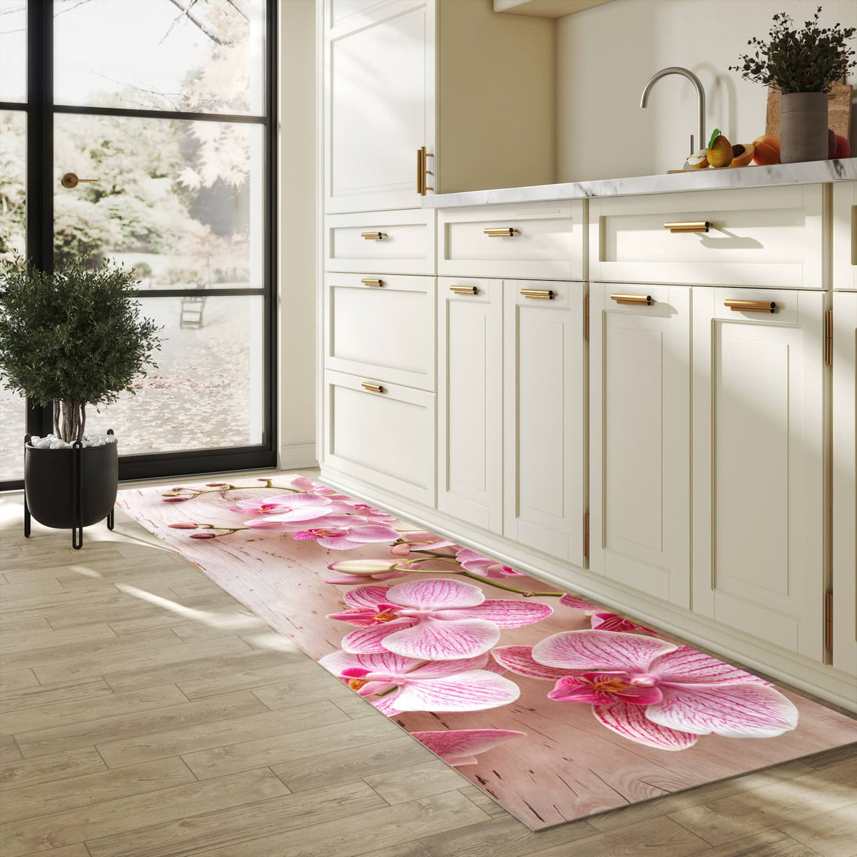 Rutschfester Küchenläufer mit Motiv Orchideen_tabletop in heller Küche