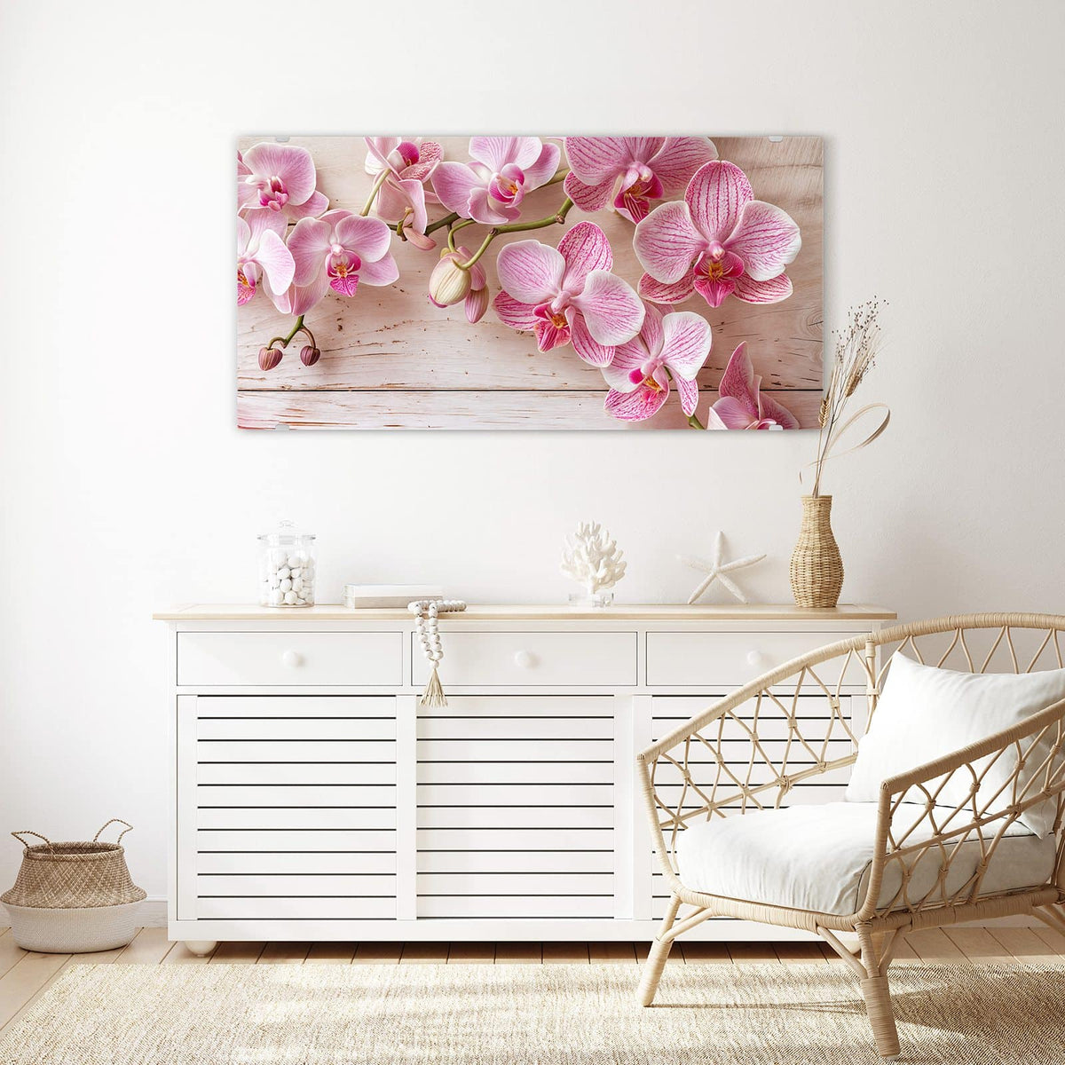 Echtglas, 4 mm – kein Acryl, keine Folie – Wandbild - Orchideen auf Rosa - Querformat