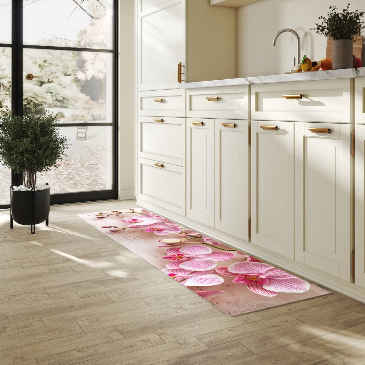 Fleckenresistenter Küchenläufer mit Motiv Orchideen_tabletop in heller Küche