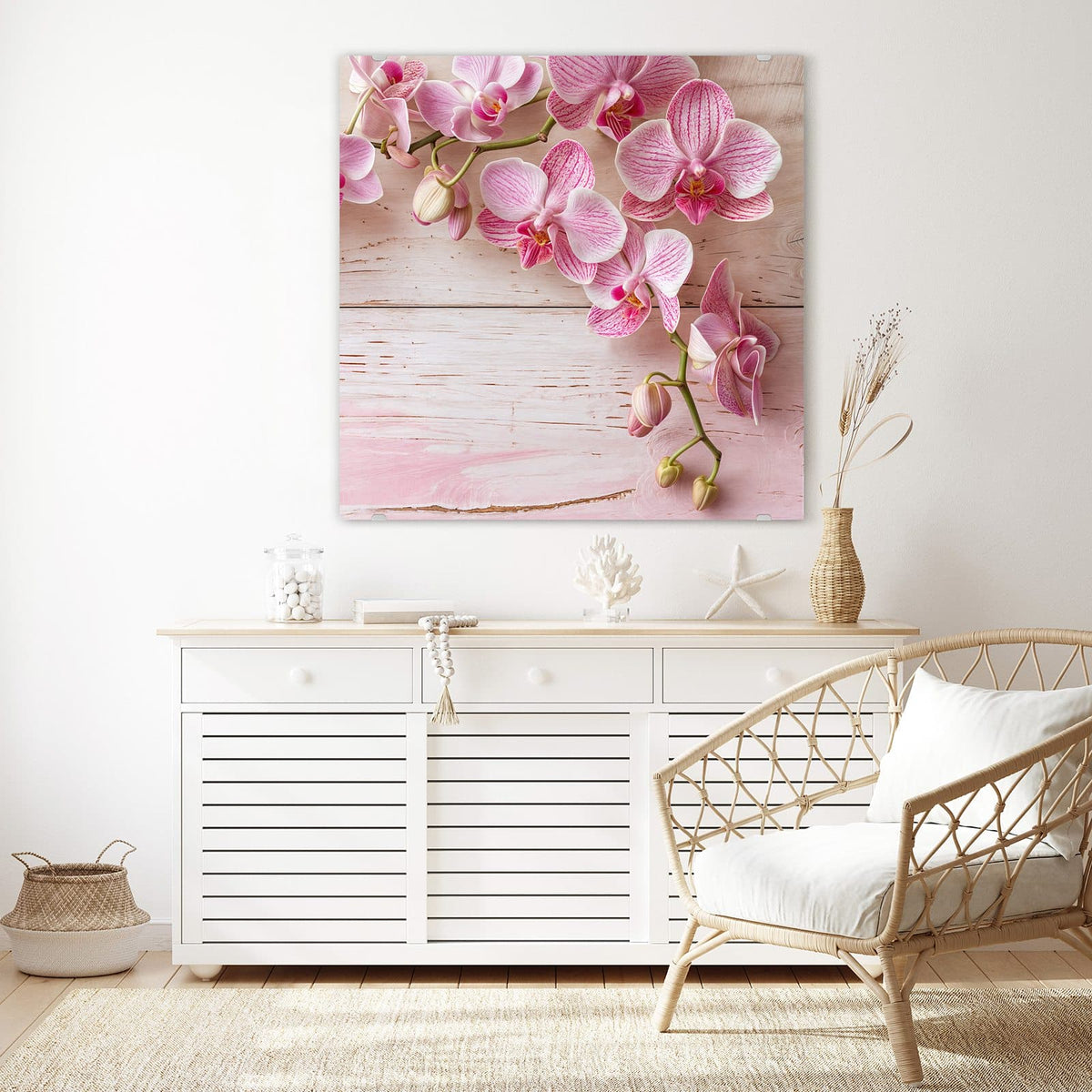 Echtglas, 4 mm – kein Acryl, keine Folie – Wandbild - Orchideen auf Rosa - Quadratisch