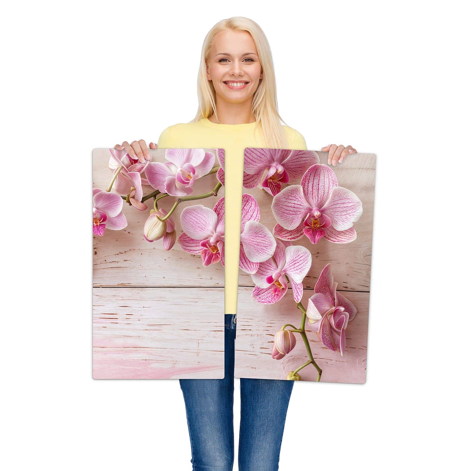 2-teilige Herdabdeckplatte mit Orchideen_tabletop-Motiv wird zur Größendarstellung gehalten
