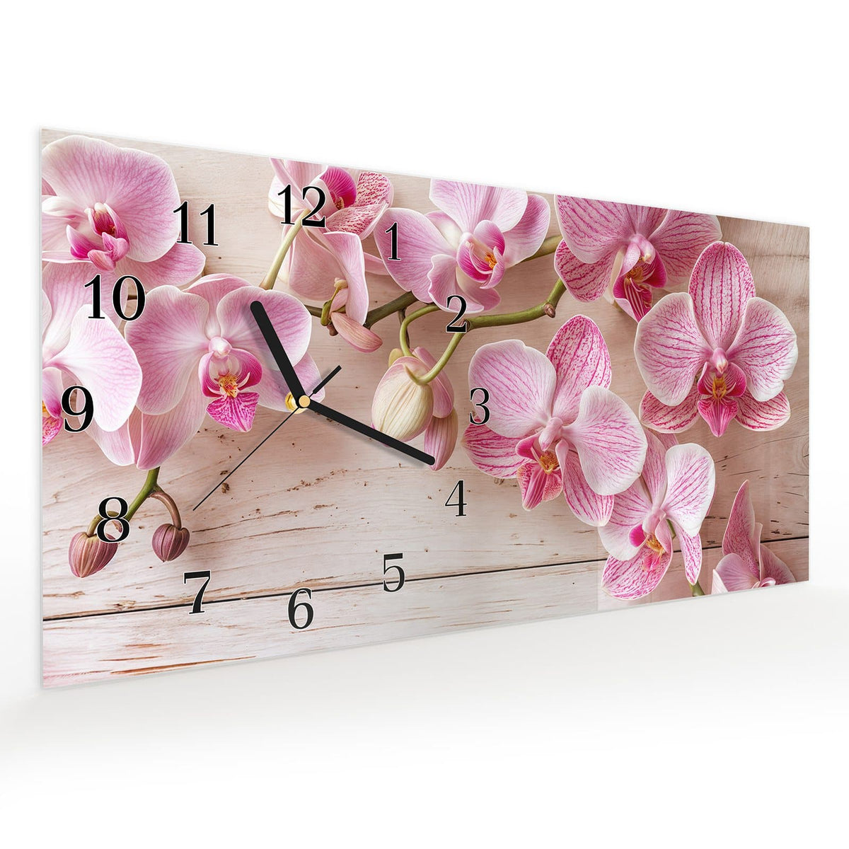 Vormontiert – mit Schwebeeffekt – Wanduhr Orchideen_tabletop aus Glas – Querformat 60 × 30 cm