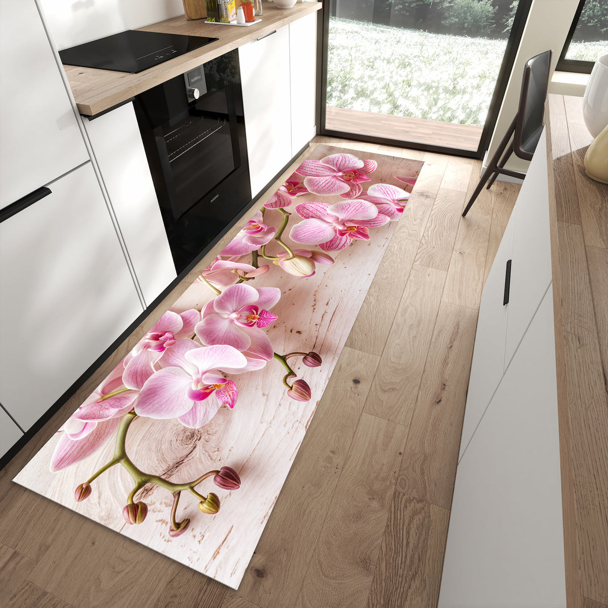 Waschbarer Küchenläufer mit Motiv Orchideen_tabletop in moderner Küche