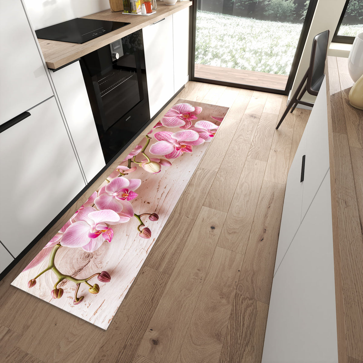 Komfortabler waschbarer Küchenteppich mit Motiv Orchideen_tabletop in moderner Küche