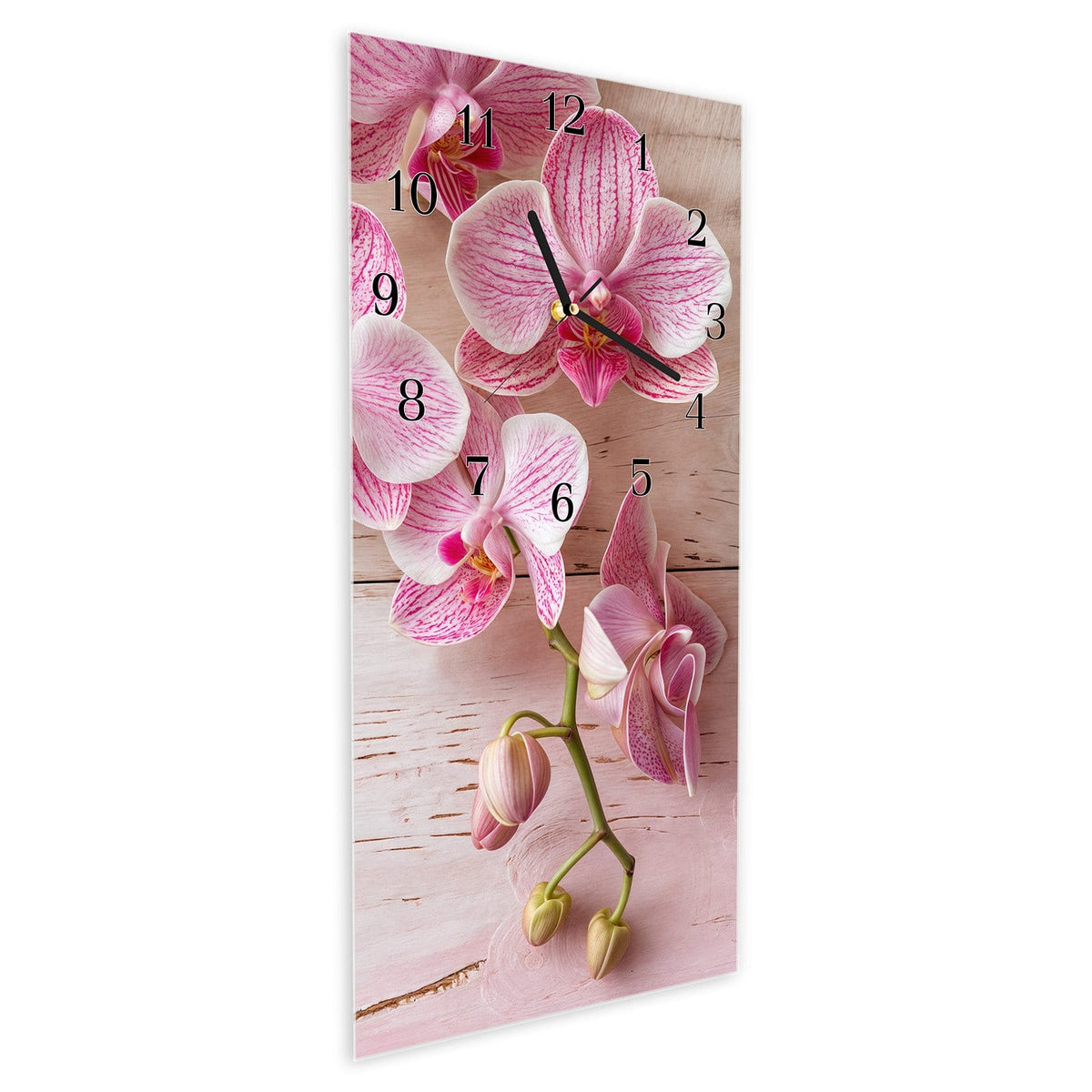 Vormontiert – mit Schwebeeffekt – Wanduhr Orchideen_tabletop aus Glas – Hochformat 30 × 60 cm