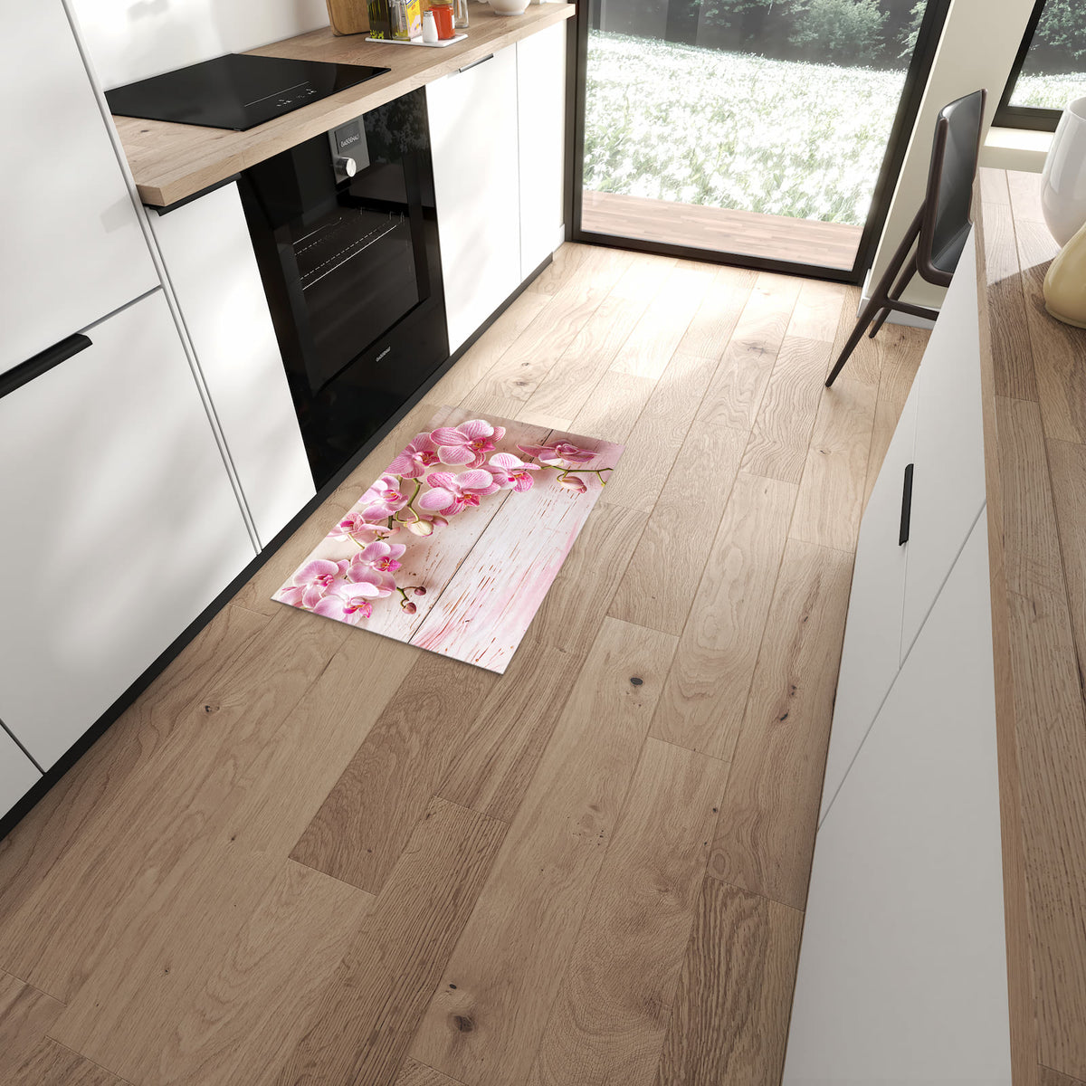 Rutschfester Küchenteppich mit Motiv Orchideen_tabletop für angenehmes Stehen in moderner Küche