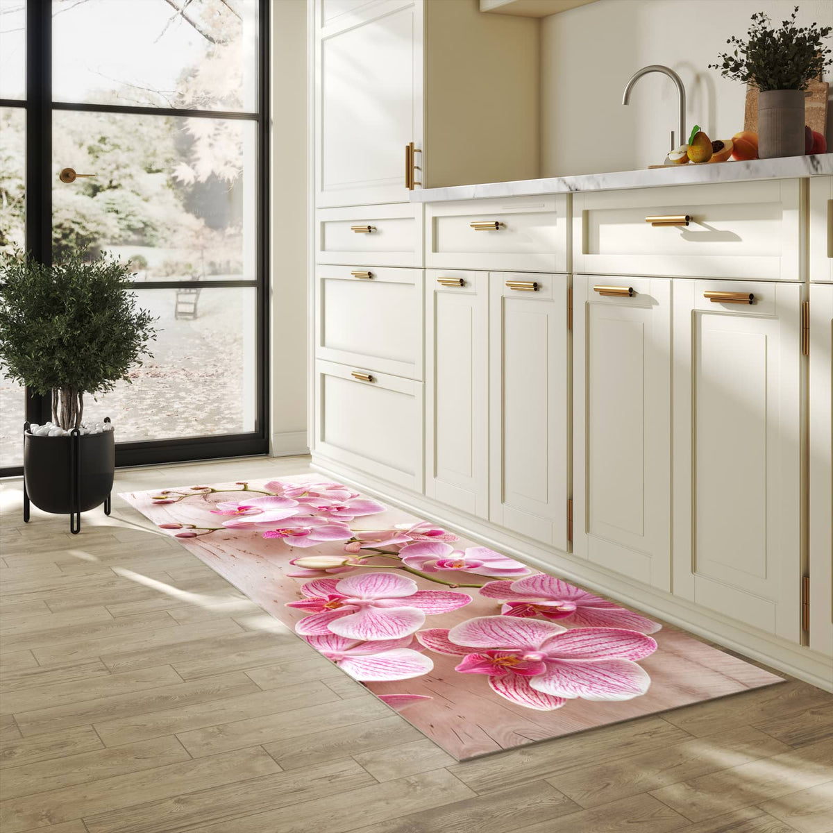 Pflegeleichter waschbarer Küchenläufer mit Motiv Orchideen_tabletop in heller Küche