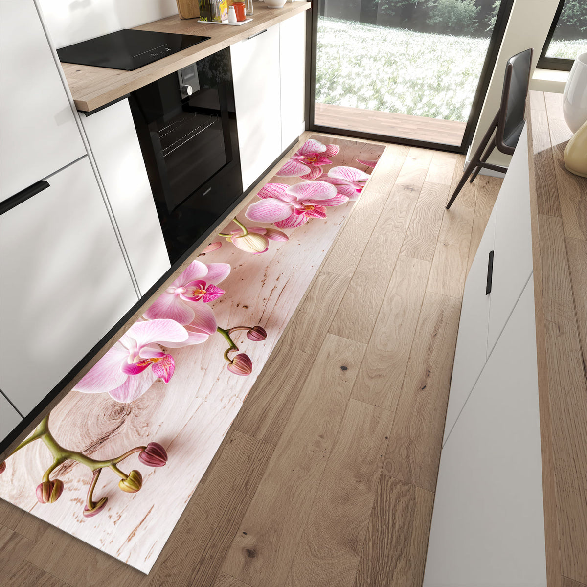 Pflegeleichter großer Küchenteppich mit Motiv Orchideen_tabletop in moderner Küche
