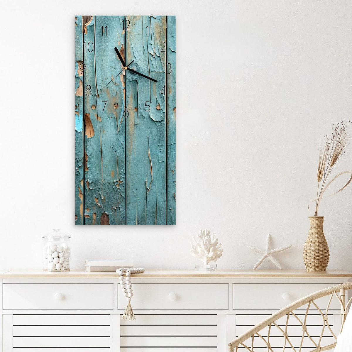 Wanduhr Abblätternde Holzplanken aus Glas – Hochformat 30 × 60 cm – Abblätternde blaue Farbe auf Holz