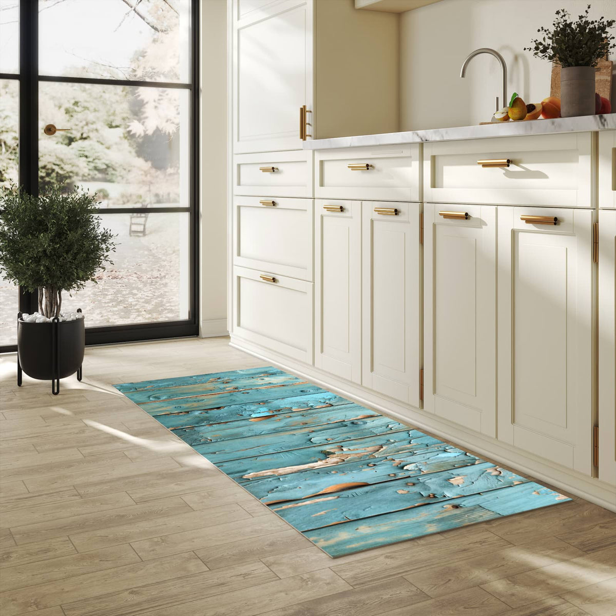 Farbbeständiger Küchenteppich mit Motiv Abblätternde Holzplanken in heller Küche