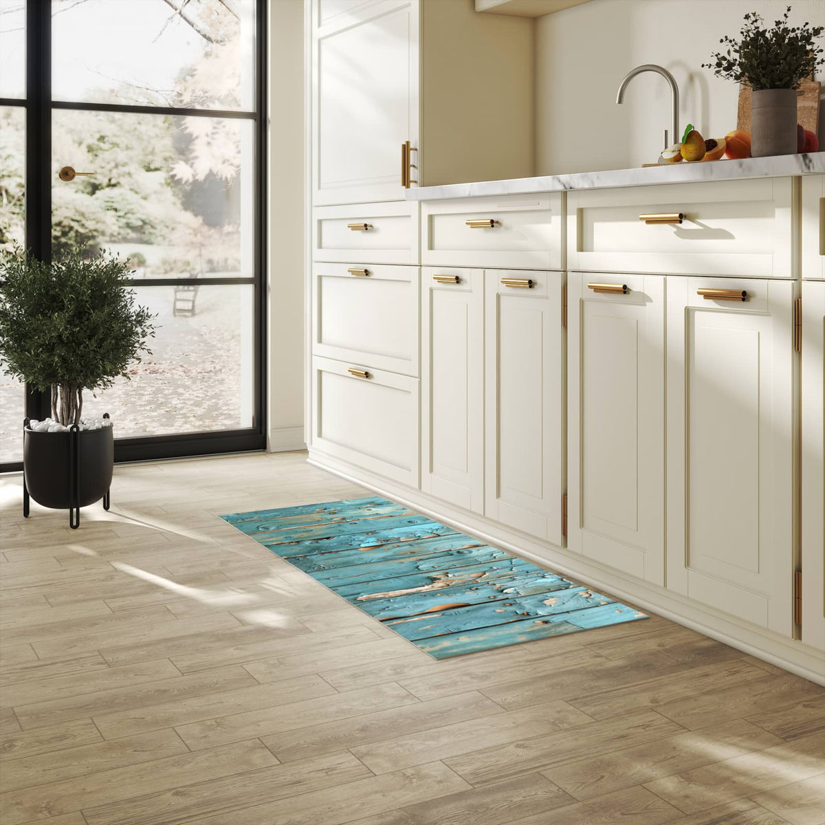 Langlebiger Teppich für Esstisch mit Motiv Abblätternde Holzplanken in heller Küche, waschbar