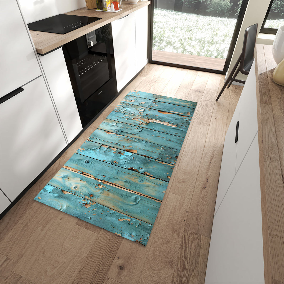 Schmutzabweisender Küchenteppich mit Motiv Abblätternde Holzplanken in moderner Küche