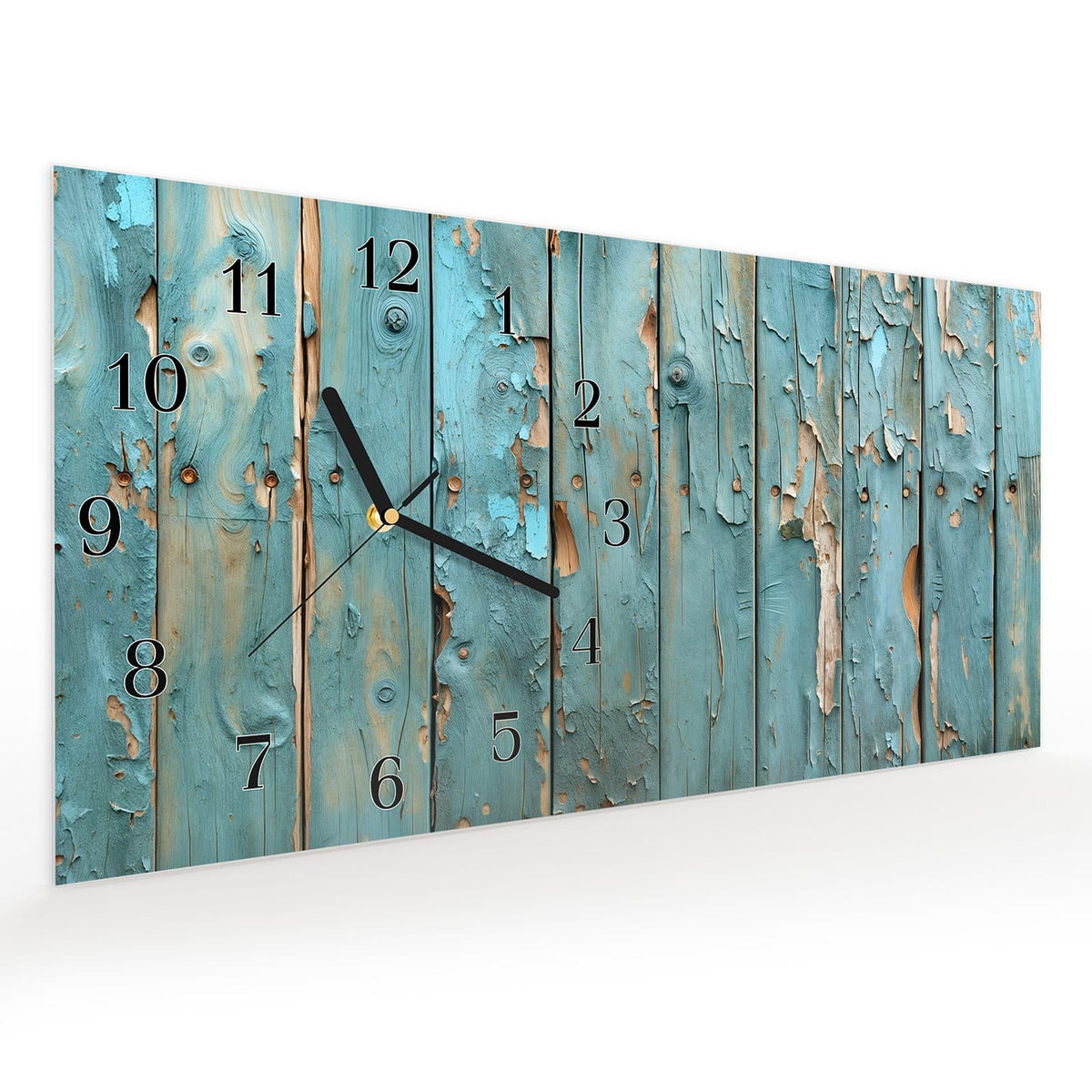 Vormontiert – mit Schwebeeffekt – Wanduhr Abblätternde Holzplanken aus Glas – Querformat 60 × 30 cm
