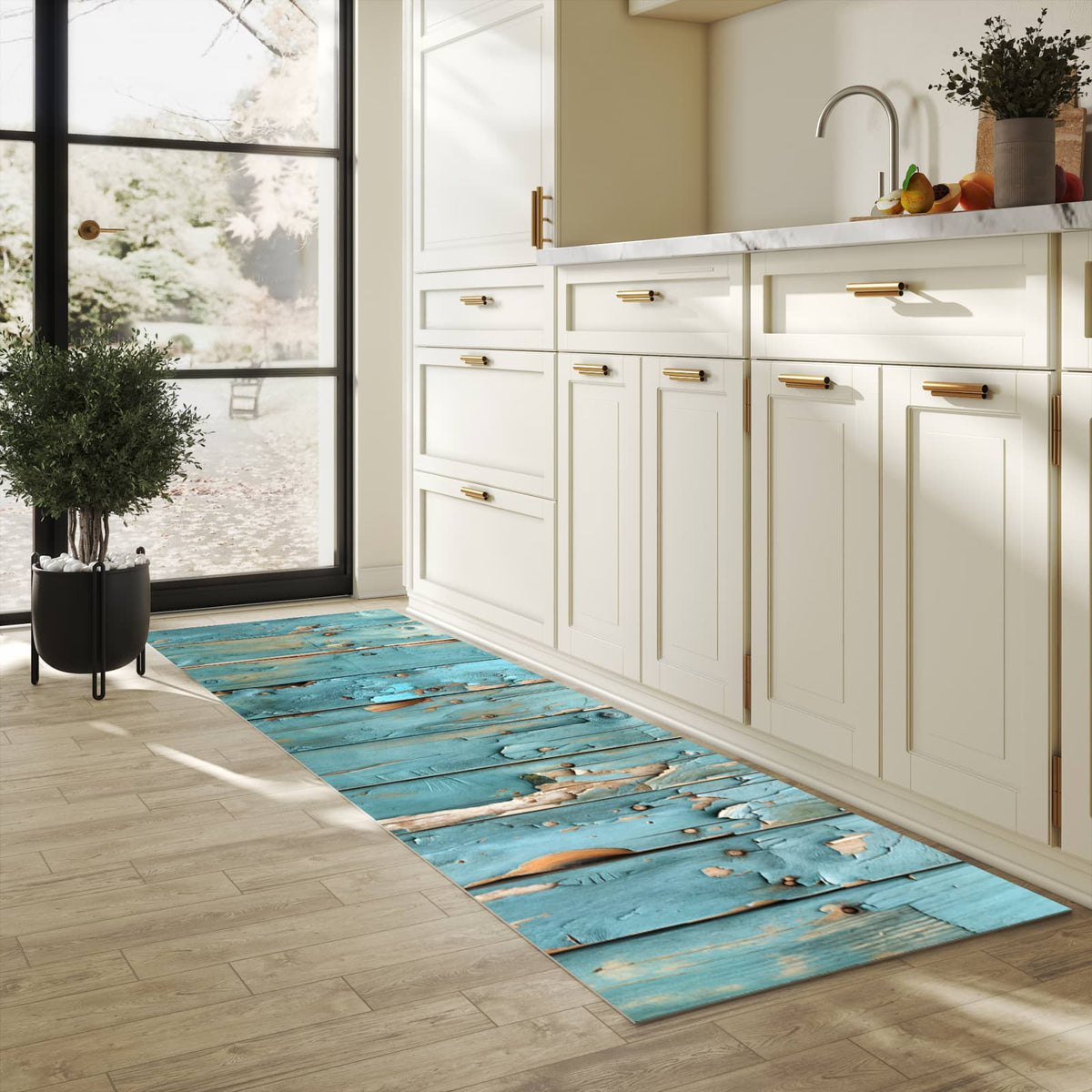 Küchenteppich mit Motiv Abblätternde Holzplanken in heller Küche für sicheres Aufbewahren