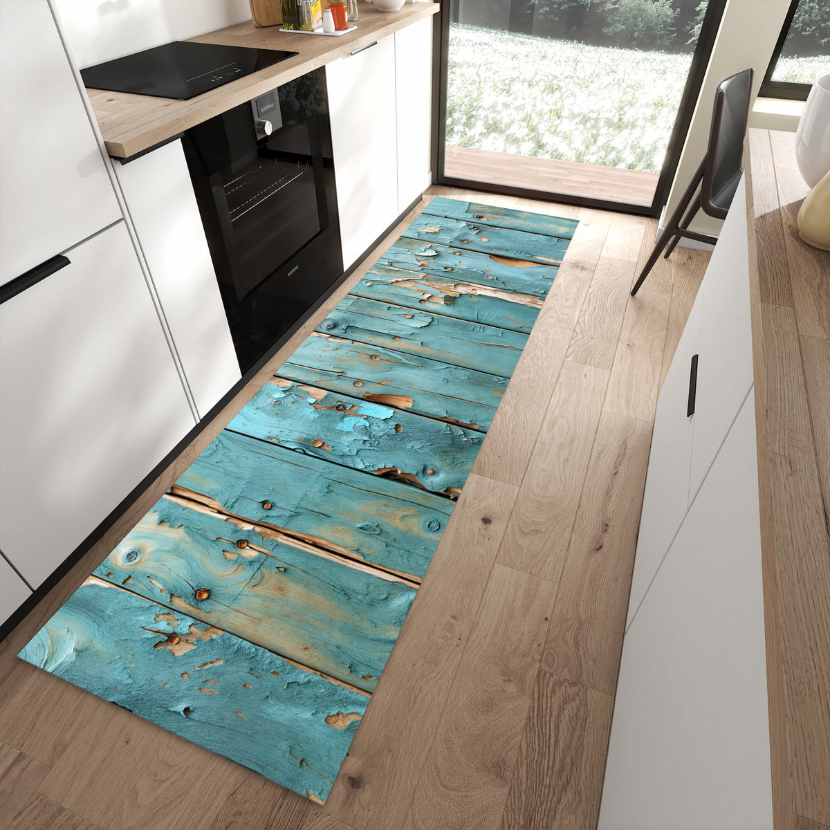 Wasserabweisender Bodenläufer mit Motiv Abblätternde Holzplanken in moderner Küche