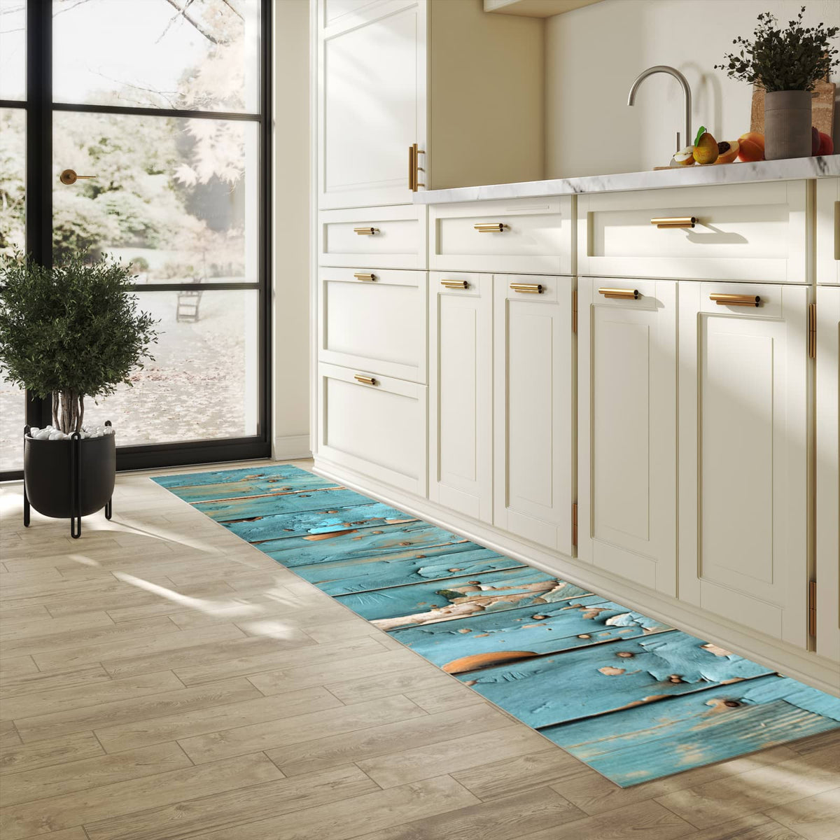 Küchenteppich mit Motiv Abblätternde Holzplanken für Ordnung & Übersicht in heller Küche