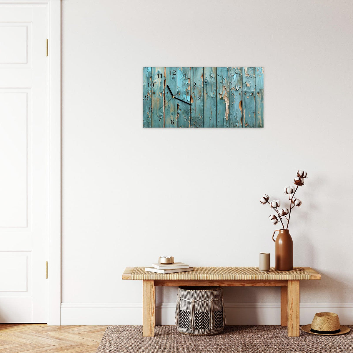 Moderne Wanduhr aus Glas mit Farbtiefe – Wanduhr Abblätternde Holzplanken aus Glas – Querformat 60 × 30 cm