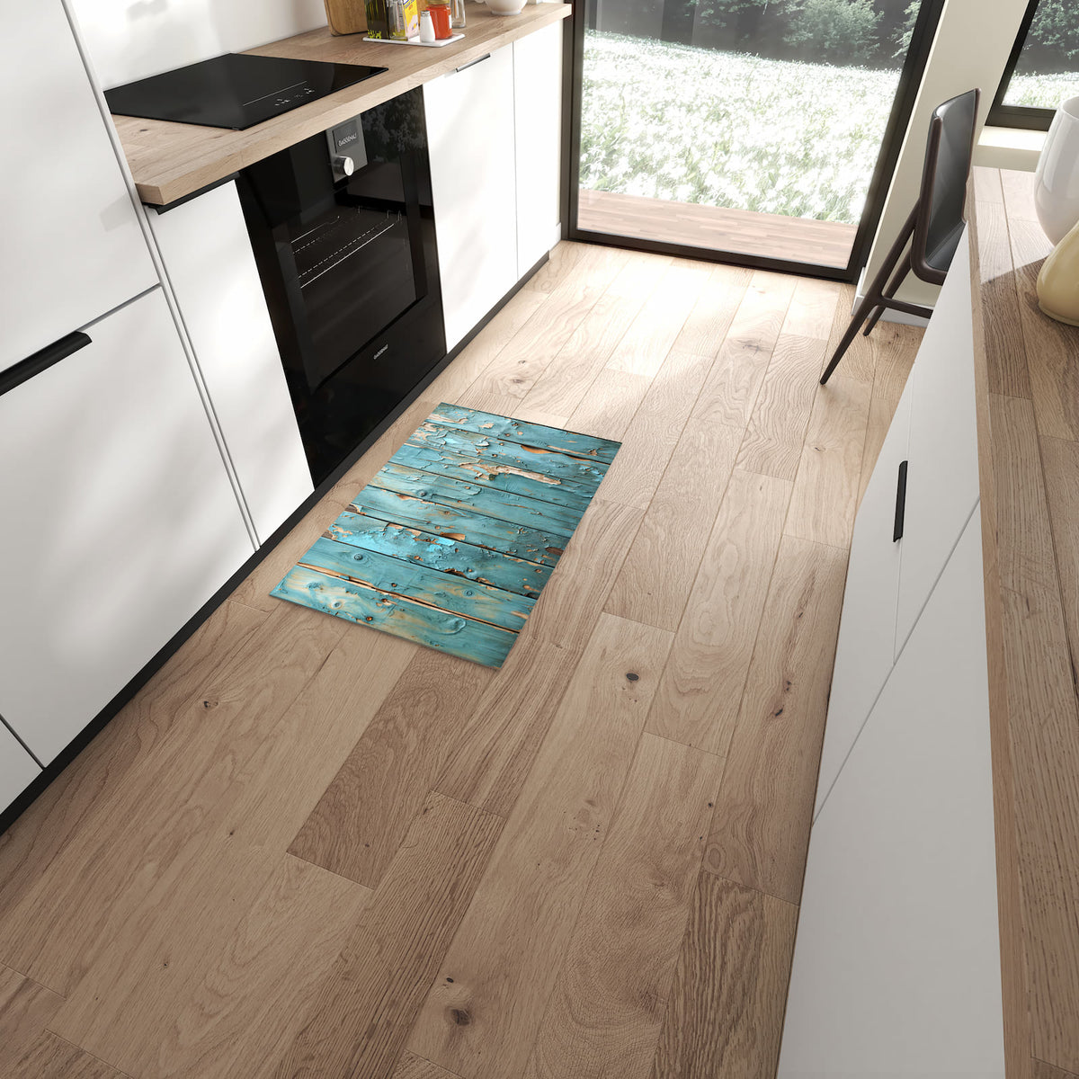 Abriebfester waschbarer Teppich fürs Esszimmer mit Motiv Abblätternde Holzplanken in moderner Küche