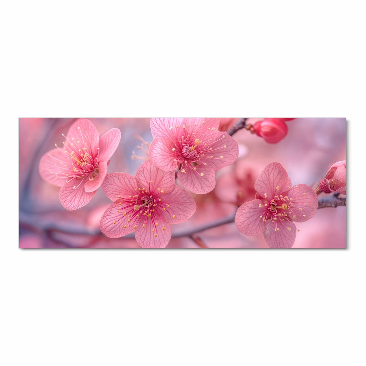 Drei kräftig pinke Blüten mit gelben Staubgefäßen in Nahaufnahme, rosa Bokeh dahinter