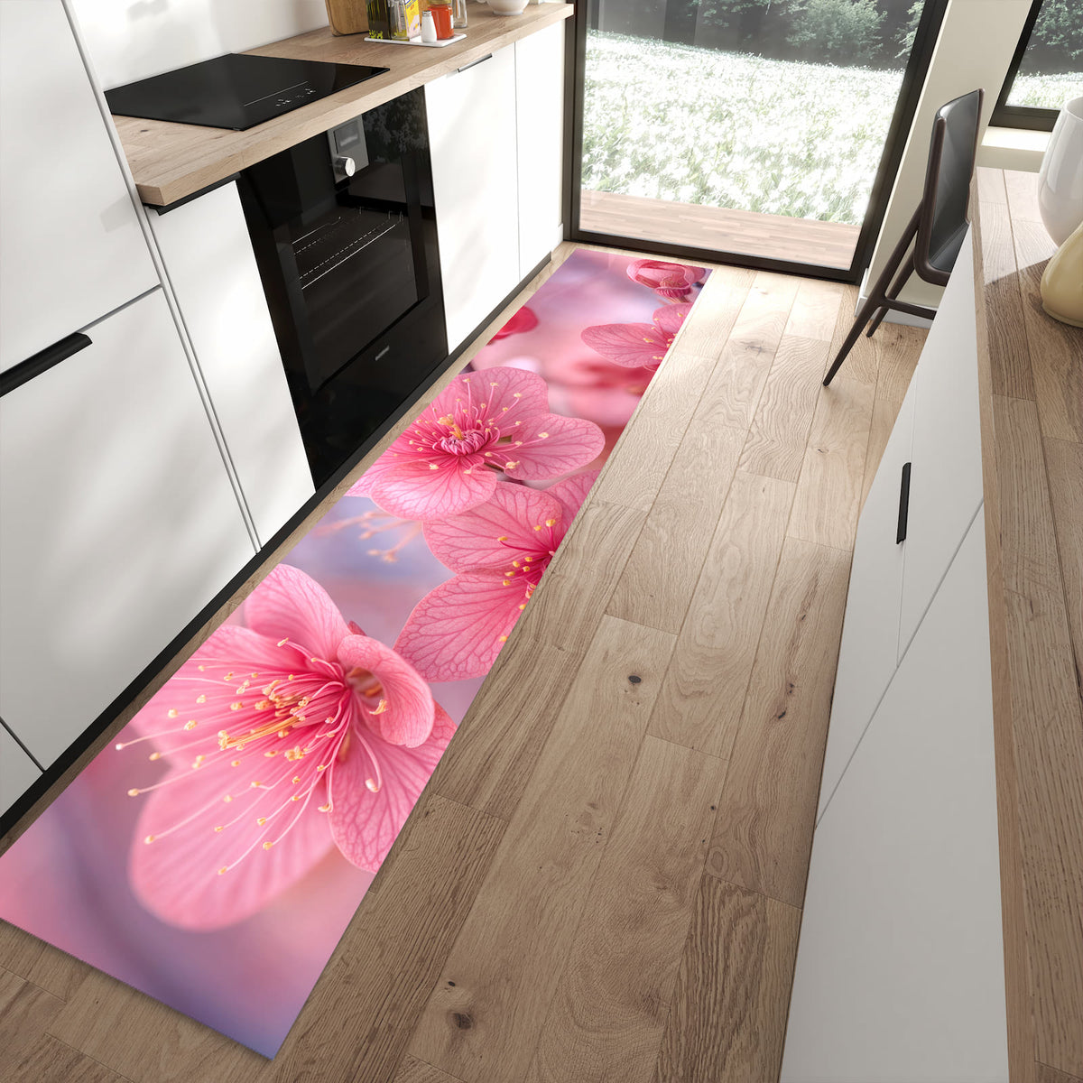 13 Größen – von 60 × 90 bis 80 × 300 cm – Küchenläufer - Drei Blüten in Pink