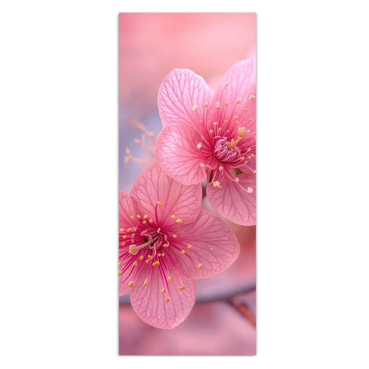Drei kräftig pinke Blüten mit gelben Staubgefäßen in Nahaufnahme, rosa Bokeh dahinter