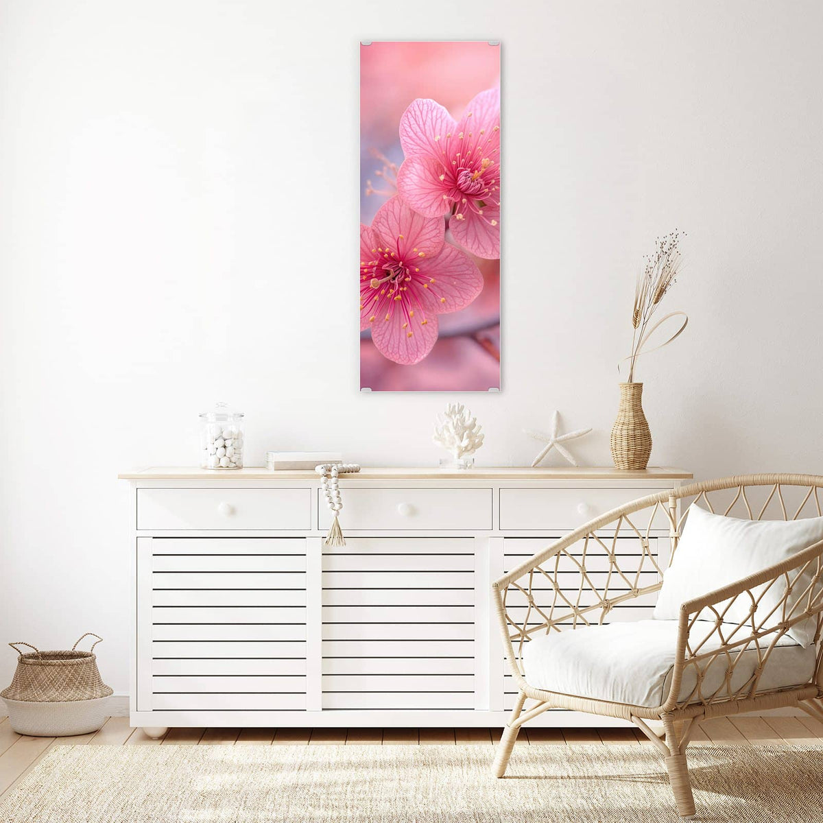 Wandbild - Drei Blüten in Pink - Hochformat – Drei pinke Blüten im Bokeh