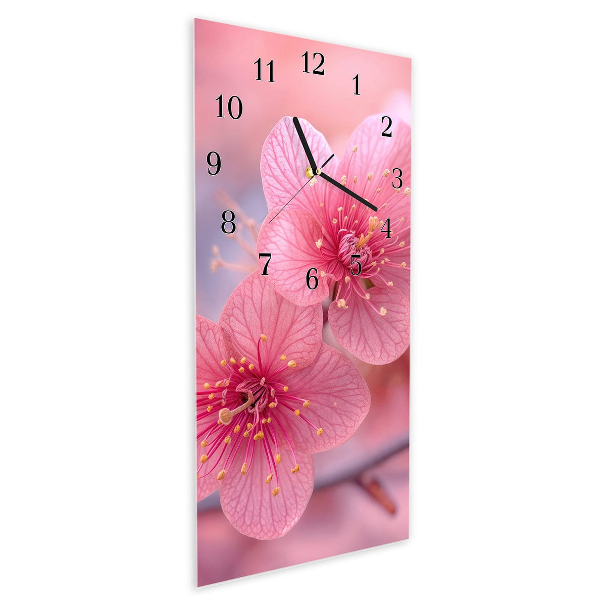Vormontiert – mit Schwebeeffekt – Wanduhr Blütenzauber aus Glas – Hochformat 30 × 60 cm
