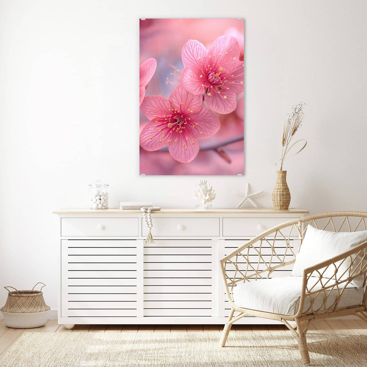 Glasbild Drei Blüten in Pink an der Wand – Drei kräftig pinke Blüten mit gelben Staubgefäßen in Nahaufnahme, rosa Bokeh dahinter